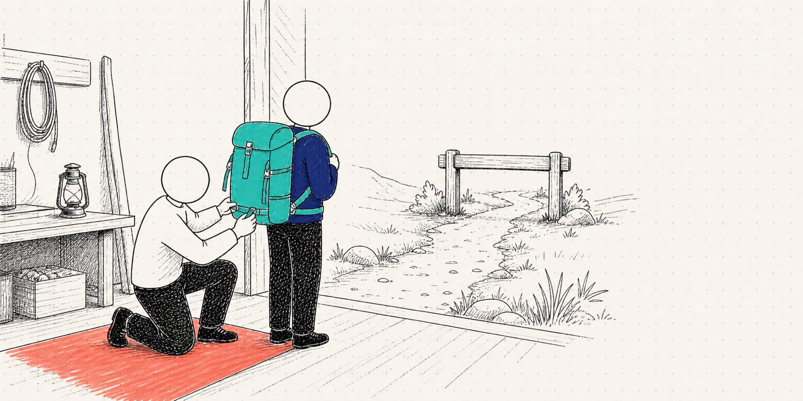 Hand-drawn figures adjust a traveler's backpack before a rough path on warm dotted paper.