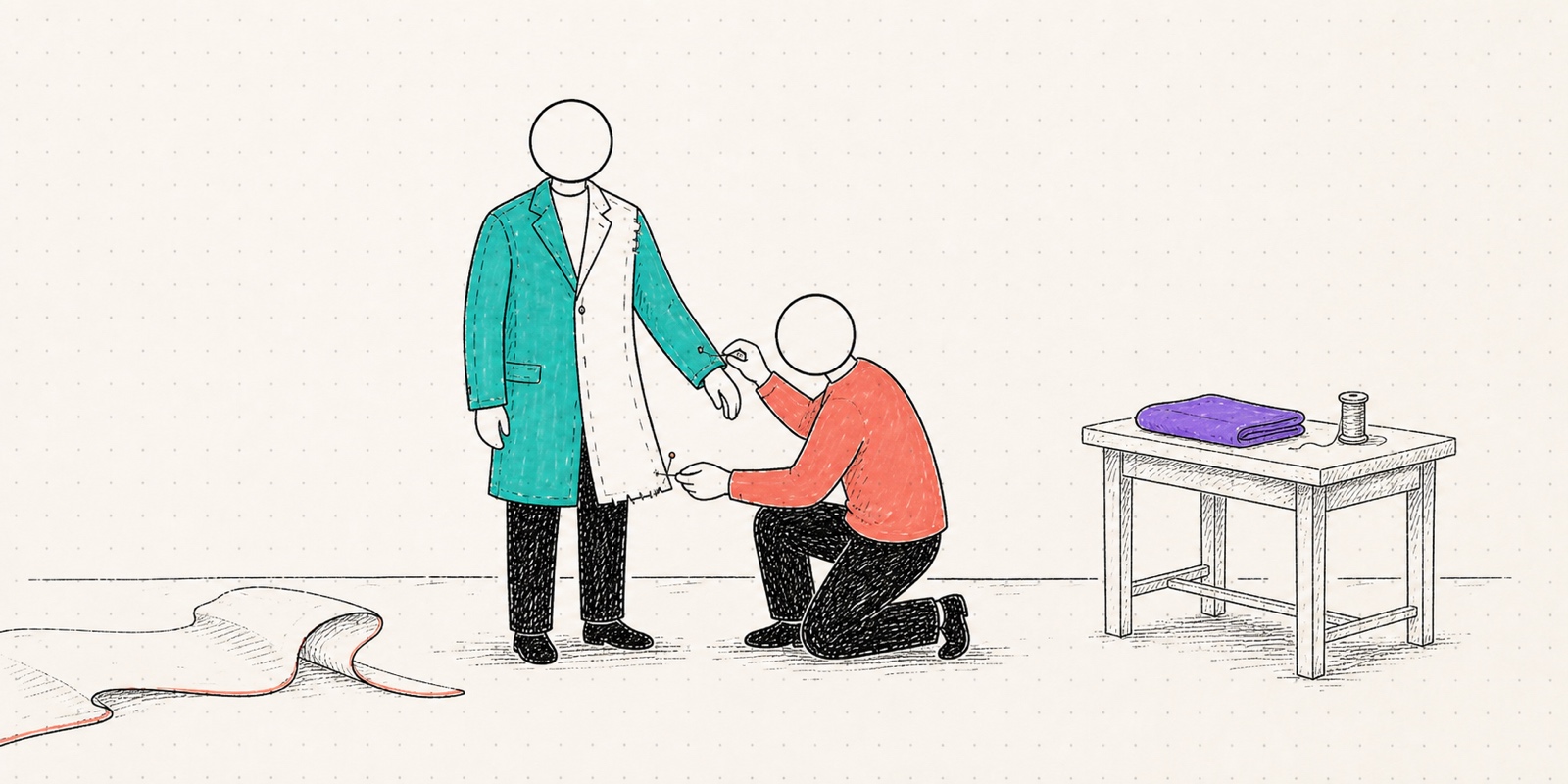 A hand-drawn tailor fits an unfinished teal coat to a customer on warm dotted paper.