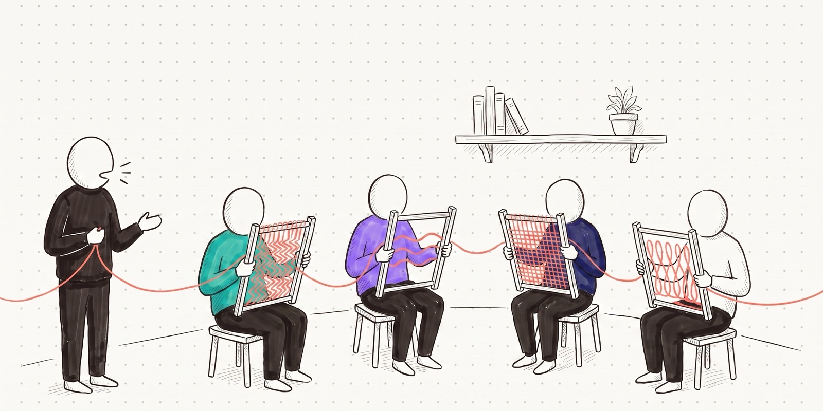 Illustration of a person speaking while a single coral thread runs to four seated figures, each weaving it into a different pattern on a handloom frame.