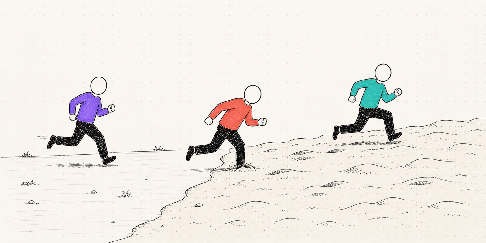 Three hand-drawn runners move from firm ground into deep sand as their positions change.