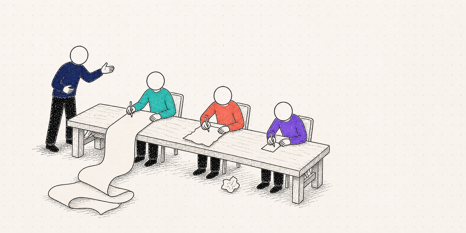 A speaker addresses three seated note-takers who are wildly out of sync: one page has run long and spilled to the floor, one is short and crumpled, one has barely begun.