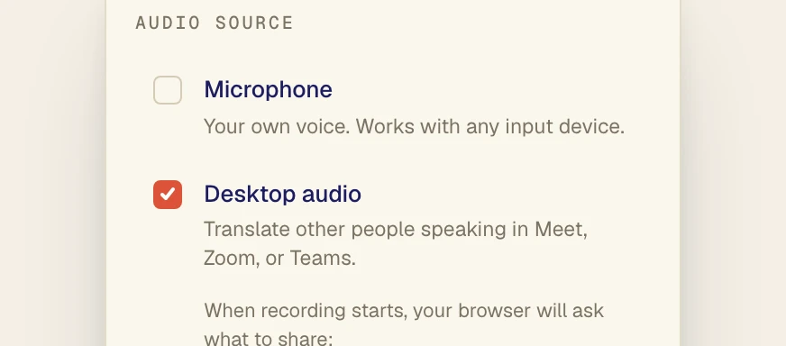 Verli Audio source menu with Microphone switched off and Desktop audio switched on