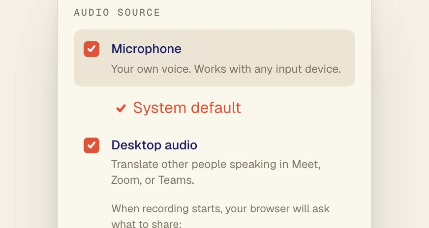 Verli Audio source menu with Microphone and Desktop audio both switched on