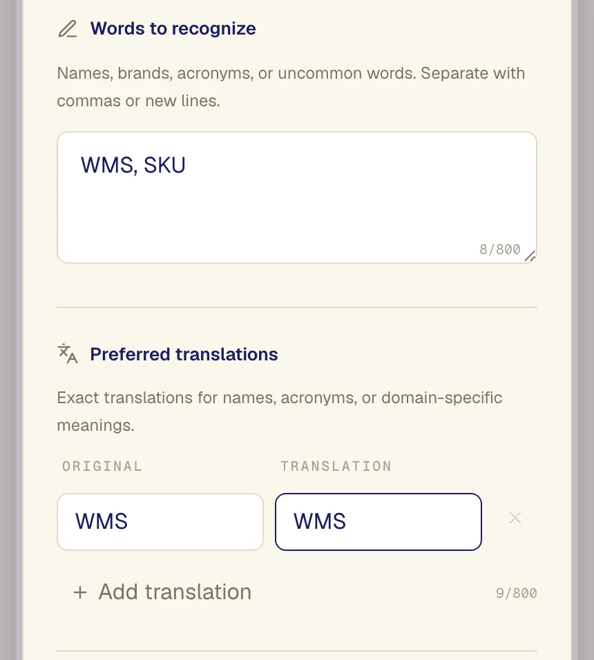 Verli Knowledge base with WMS and SKU in Words to recognize and WMS kept as WMS in Preferred translations