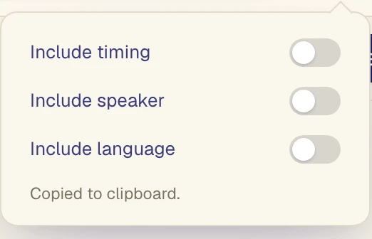 Copy options Include timing (1), Include speaker (2), and Include language (3) are all OFF.