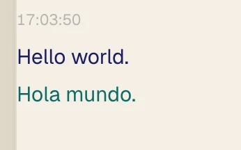 Synthetic sample: the original text Hello world. (1) appears with its translation Hola mundo. (2).