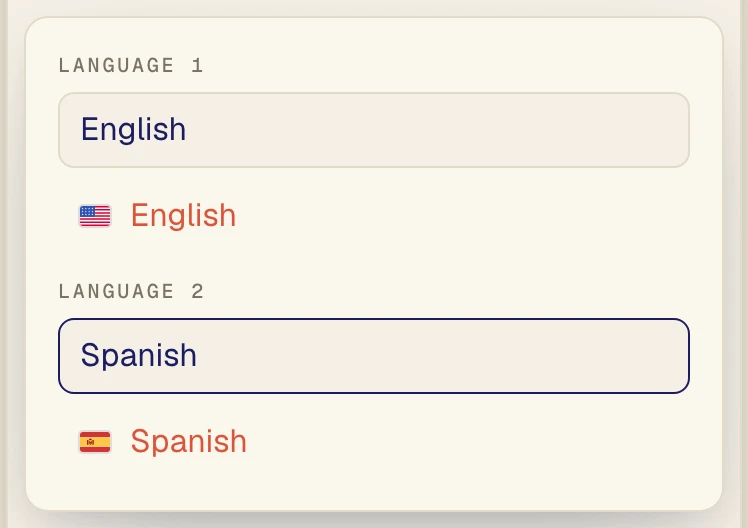 Choose the languages: English (1) and Spanish (2) are shown as an example pair.