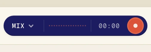 Verli recording bar with Mix selected and the record button marked 1
