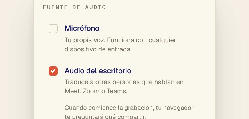 Menú Fuente de audio de la consola web de Verli con Micrófono desactivado y Audio del escritorio activado
