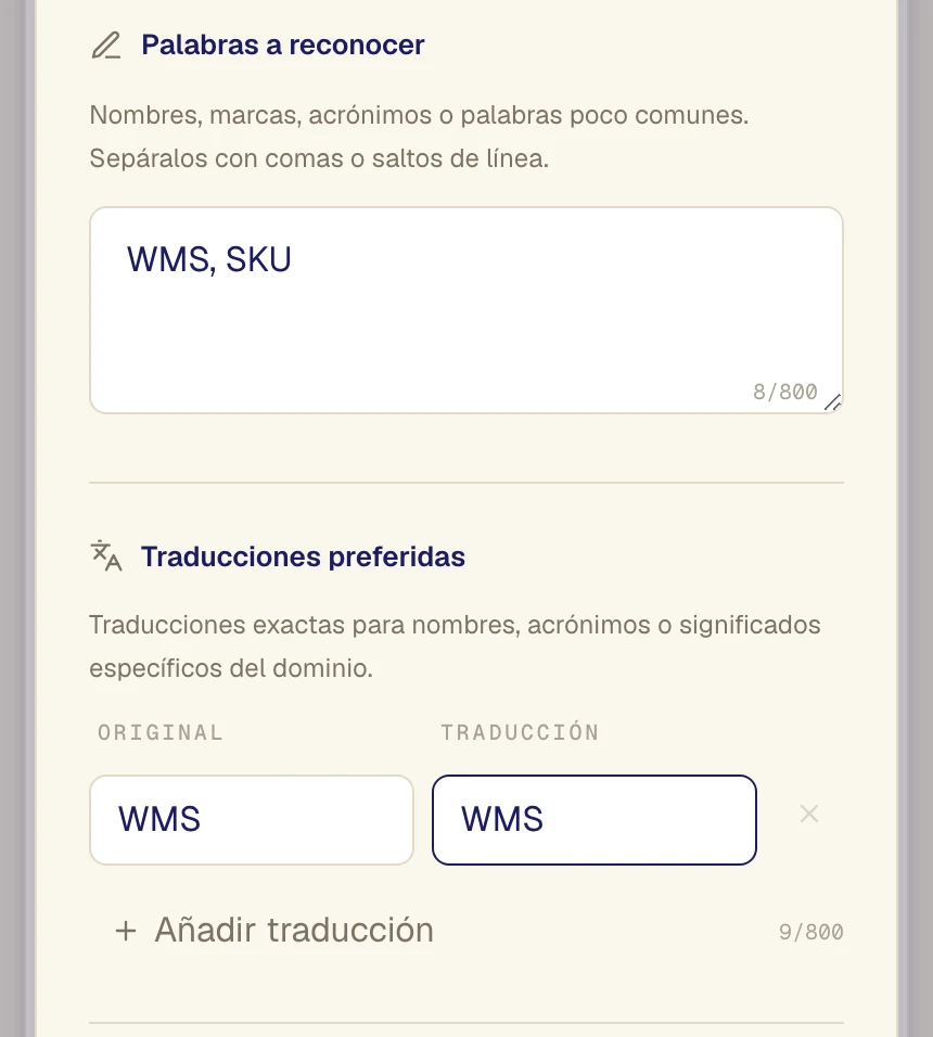 Campos Palabras a reconocer y Traducciones preferidas de la base de conocimiento de Verli, con los acrónimos genéricos WMS y SKU como pistas y la traducción preferida de WMS a WMS.