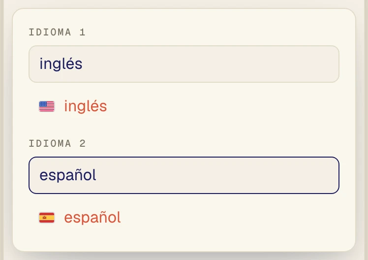 Selector de idiomas de la consola web de Verli con Inglés como idioma 1 y Español como idioma 2