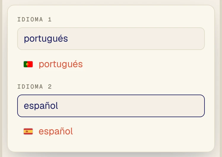 Selector de idiomas de la consola web de Verli con portugués y español elegidos como los dos idiomas.