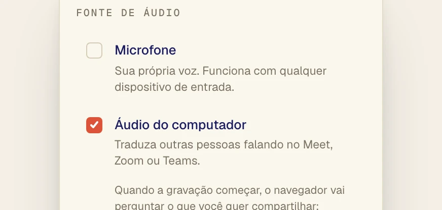 Menu Fonte de áudio do console web do Verli com Microfone desligado e Áudio do computador ligado