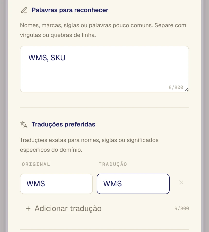 Os termos WMS e SKU aparecem como pistas (1). O par WMS a WMS aparece como exemplo genérico (2).