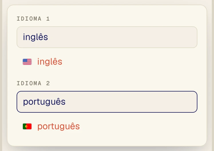 Seletor de idiomas do console web do Verli com Inglês e Português escolhidos como os dois idiomas