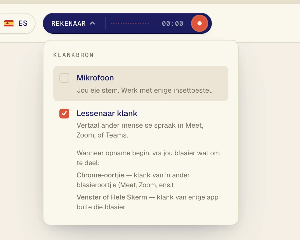Klik Lessenaar klank sodat dit 'n regmerkie het. Laat Mikrofoon net aan as jy ook jou eie stem vertaal wil hê.