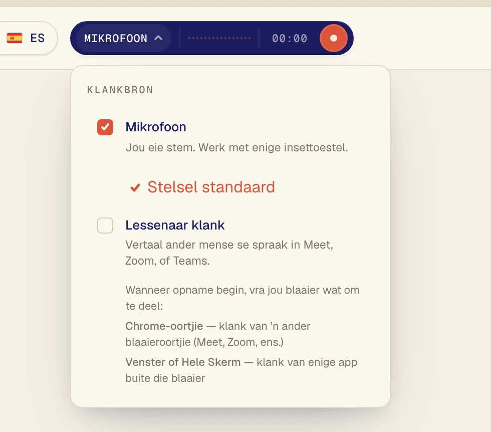 Maak seker Mikrofoon is gemerk, en kies dan jou mikrofoon in die lys daaronder. Stelsel standaard gebruik die een waarop jou rekenaar ingestel is. As jy 'n kopstuk gebruik, kies dit volgens sy naam.