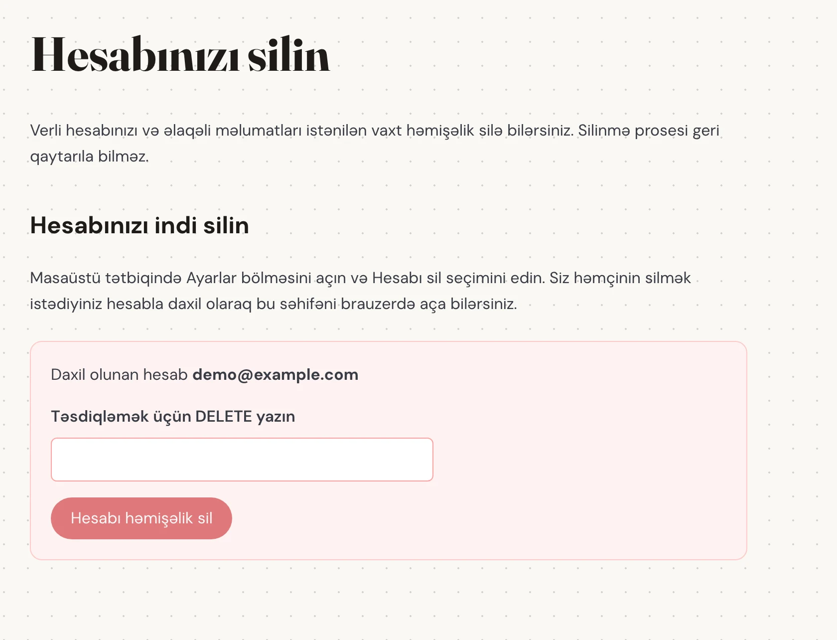 Daxil olunan hesab yanında göstərilən e-poçtu yoxlayın. Bunun saxlanılan tarixçəsini silmək istədiyiniz hesab olduğundan əmin olun. Davam etməzdən əvvəl nələrin silinəcəyini oxuyun.