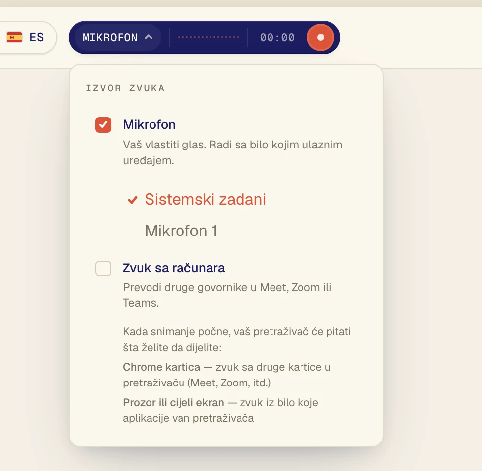 Provjerite da je Mikrofon označen, a zatim izaberite svoj mikrofon na spisku ispod njega. Sistemski zadani koristi mikrofon postavljen na računaru. Ako koristite slušalice s mikrofonom, izaberite ih po nazivu.