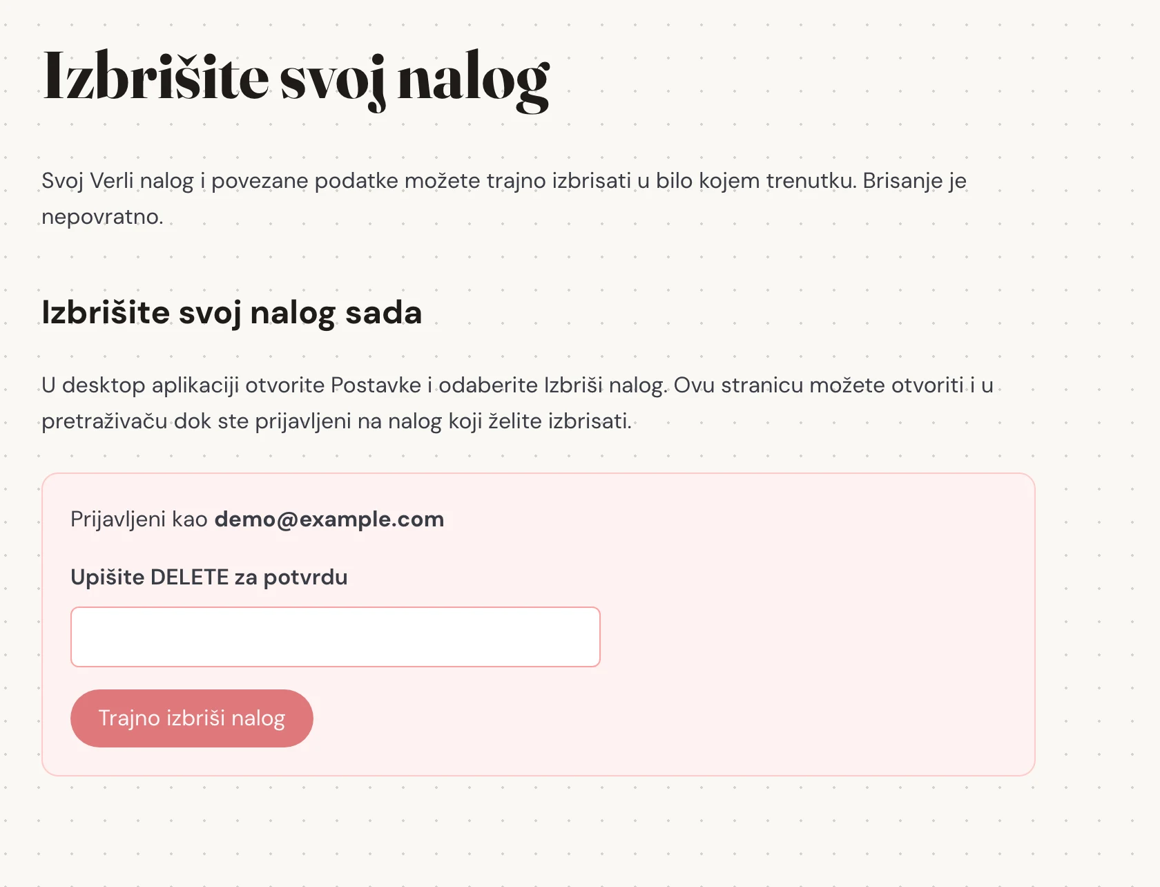 Provjerite e-adresu prikazanu pored Prijavljeni kao. Uvjerite se da je to nalog čiju sačuvanu historiju želite ukloniti. Pročitajte šta će biti izbrisano prije nego što nastavite.