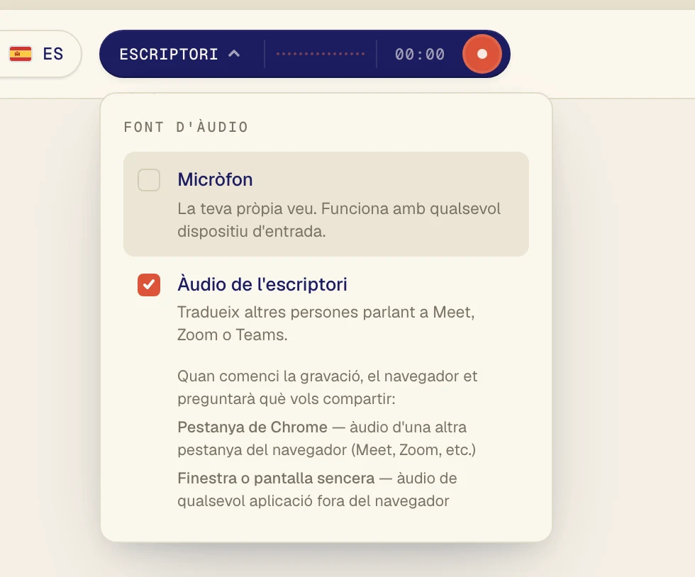 Marca Àudio de l'escriptori i desmarca Micròfon. Amb el micròfon desactivat, la teva veu i el soroll de la sala no surten al text. Ara el botó diu Escriptori.