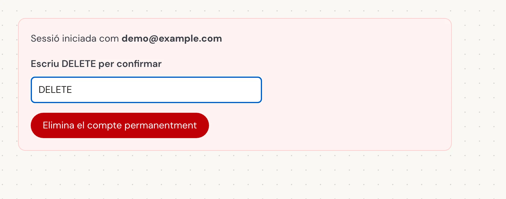A Escriu DELETE per confirmar, escriu la paraula exacta en majúscules DELETE, fins i tot si utilitzes Verli en un altre idioma. A continuació, selecciona Elimina el compte permanentment. Això tanca permanentment el compte i elimina el seu historial desat.