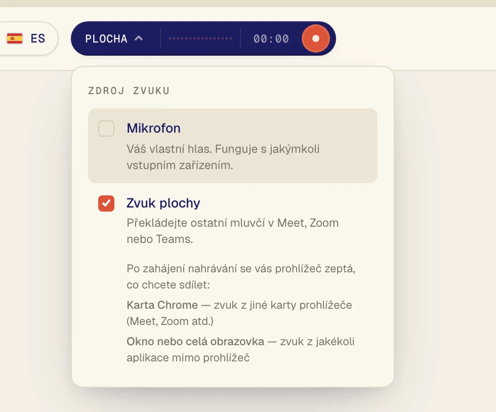 Klikněte na Zvuk plochy, aby byl zaškrtnutý. Mikrofon nechte zapnutý jen v případě, že chcete překládat i svůj hlas.