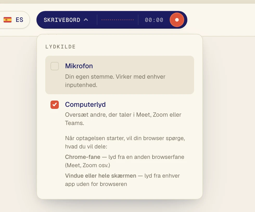 Klik på Computerlyd, så der kommer et flueben ved. Lad kun Mikrofon være slået til, hvis du også vil have din egen stemme oversat.