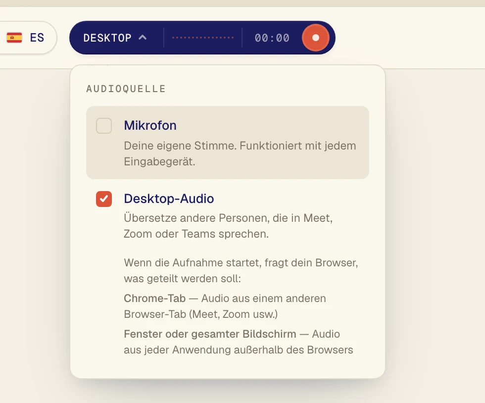 Klicke auf Desktop-Audio, damit ein Häkchen erscheint. Lass Mikrofon nur eingeschaltet, wenn auch deine eigene Stimme übersetzt werden soll.
