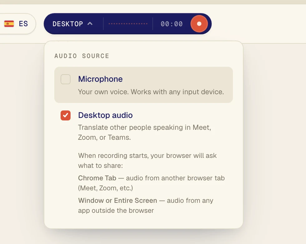 Check Desktop audio and uncheck Microphone. With the microphone off, your own voice and room noise stay out of the text. The pill now says Desktop.
