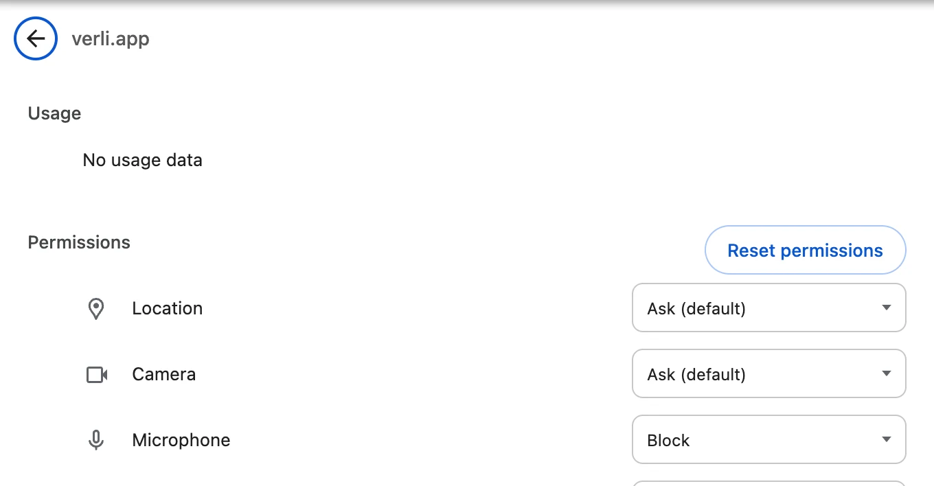 Next to Microphone, choose Allow. Then go back to Verli and reload the page.
