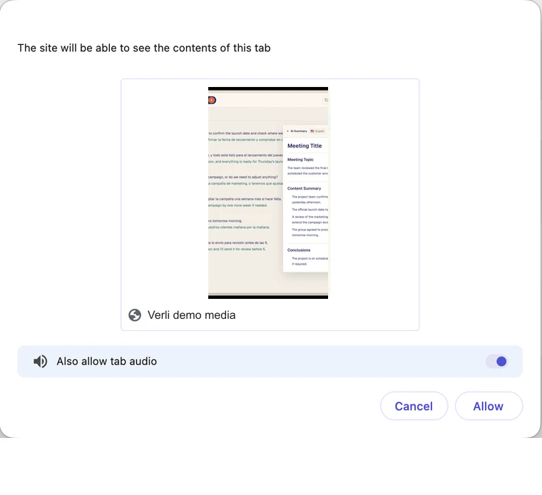 Chrome abre su ventana para compartir. Haz clic en la pestaña que reproduce el sonido, asegúrate de que el interruptor de audio de la pestaña esté activado y haz clic en Permitir (en versiones anteriores de Chrome dice Compartir).