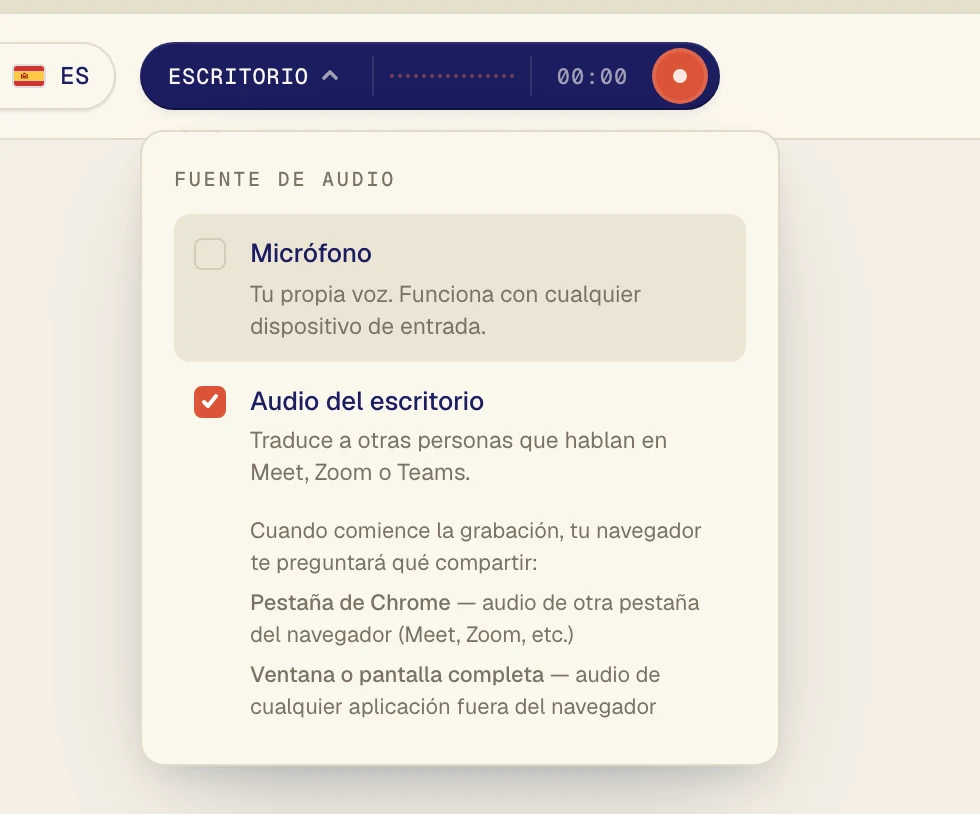 Haz clic en Audio del escritorio para que quede marcado. Deja Micrófono activado solo si también quieres traducir tu propia voz.