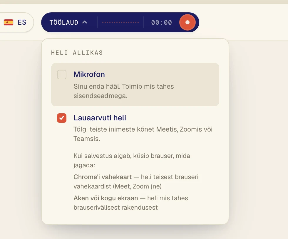 Klõpsa valikul Lauaarvuti heli, et selle ees oleks linnuke. Jäta Mikrofon sisse ainult siis, kui tahad tõlkida ka enda häält.