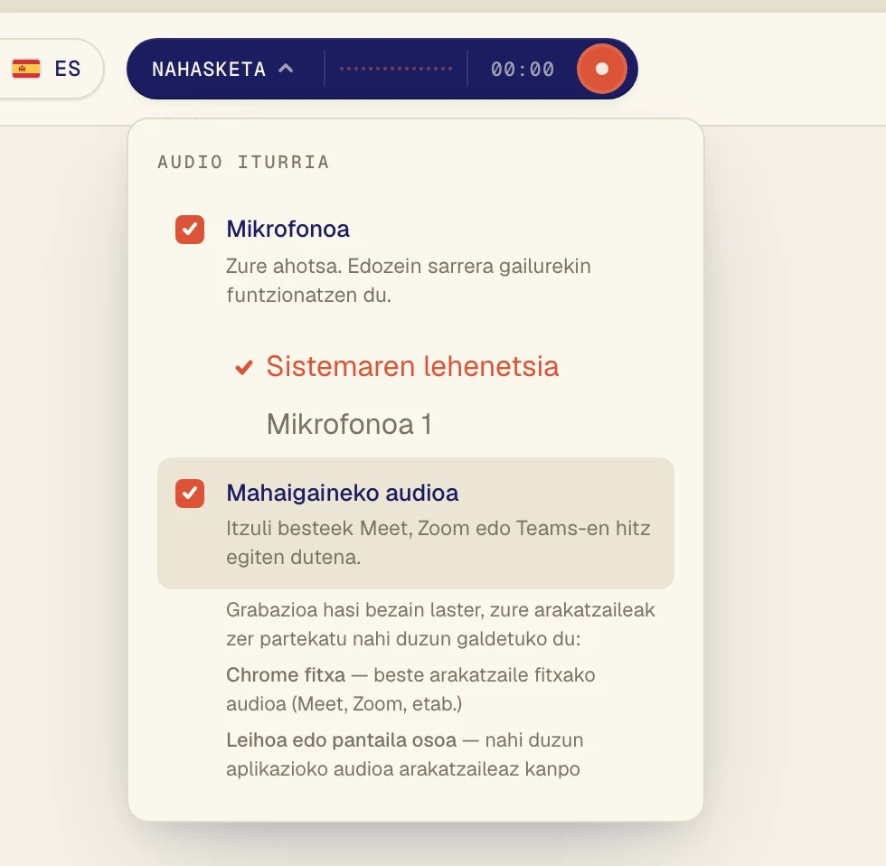 Aktibatu Mahaigaineko audioa deiko beste pertsonak entzuteko. Utzi Mikrofonoa aktibatuta zure hitzak ere itzuli nahi badituzu.