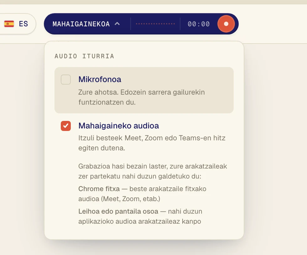 Sakatu Mahaigaineko audioa, marka bat izan dezan. Utzi Mikrofonoa aktibatuta zure ahotsa ere itzuli nahi baduzu bakarrik.