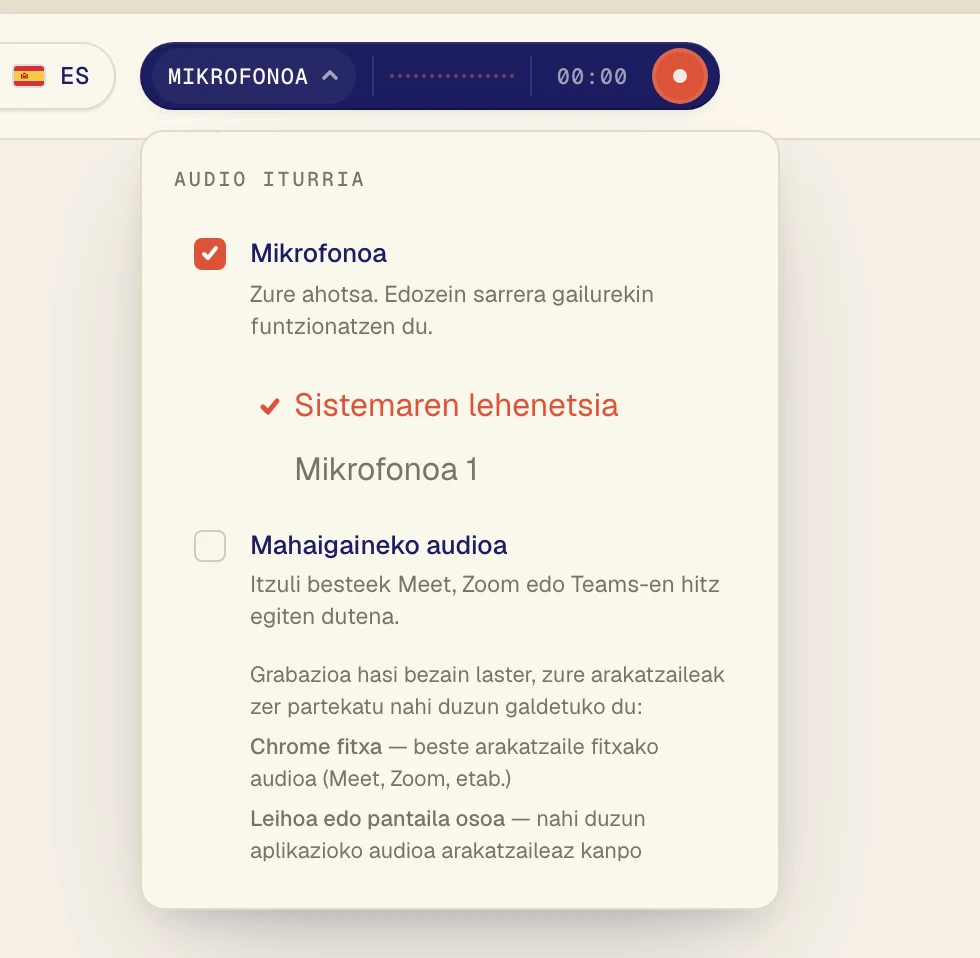 Ziurtatu Mikrofonoa markatuta dagoela eta aukeratu zure mikrofonoa haren azpiko zerrendan. Sistemaren lehenetsia aukerak ordenagailuan ezarrita dagoen mikrofonoa erabiltzen du. Entzungailu-mikrofonoa erabiltzen baduzu, aukeratu haren izenaren arabera.