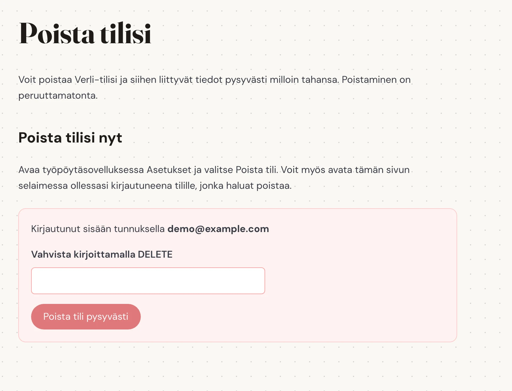 Tarkista Kirjautunut sisään tunnuksella-kohdan vieressä näkyvä sähköpostiosoite. Varmista, että se on se tili, jonka tallennetun historian haluat poistaa. Lue mitä tietoja poistetaan ennen kuin jatkat.