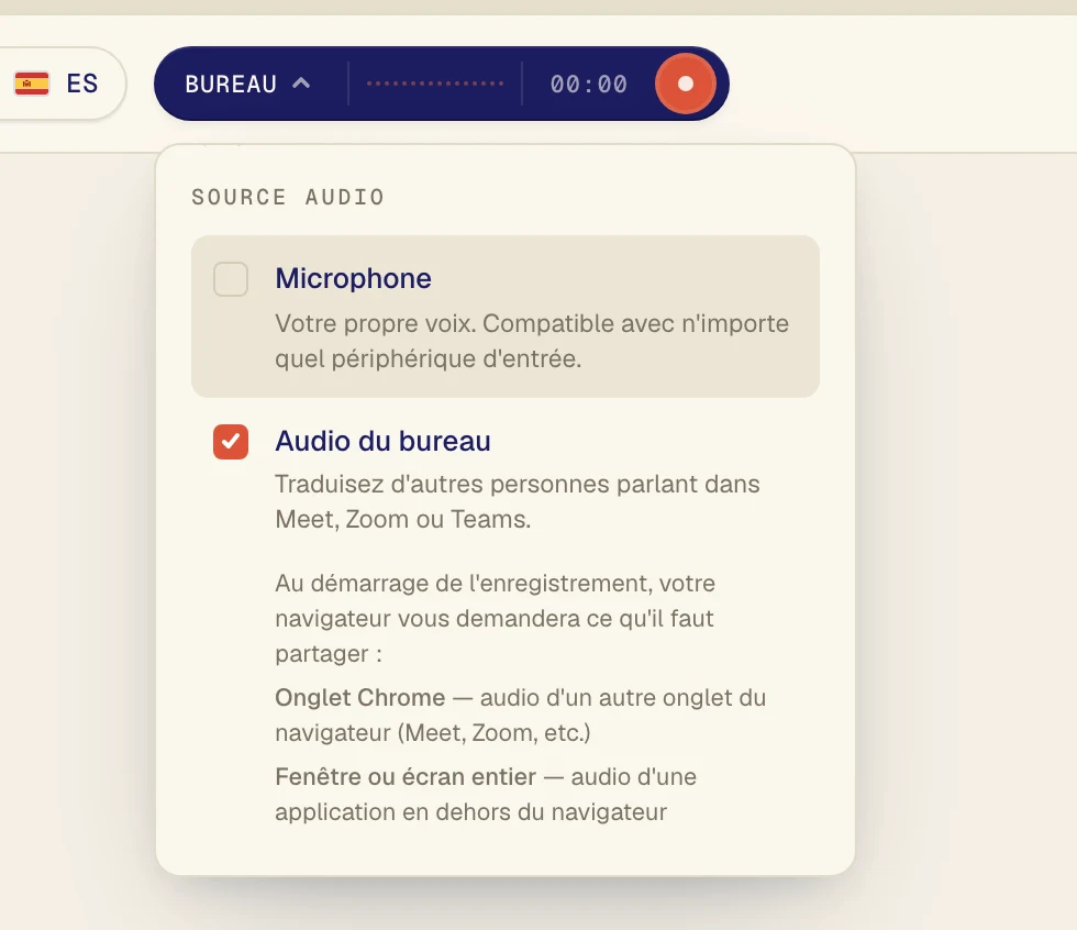 Cliquez sur Audio du bureau pour le cocher. Ne laissez Microphone activé que si vous voulez aussi traduire votre propre voix.