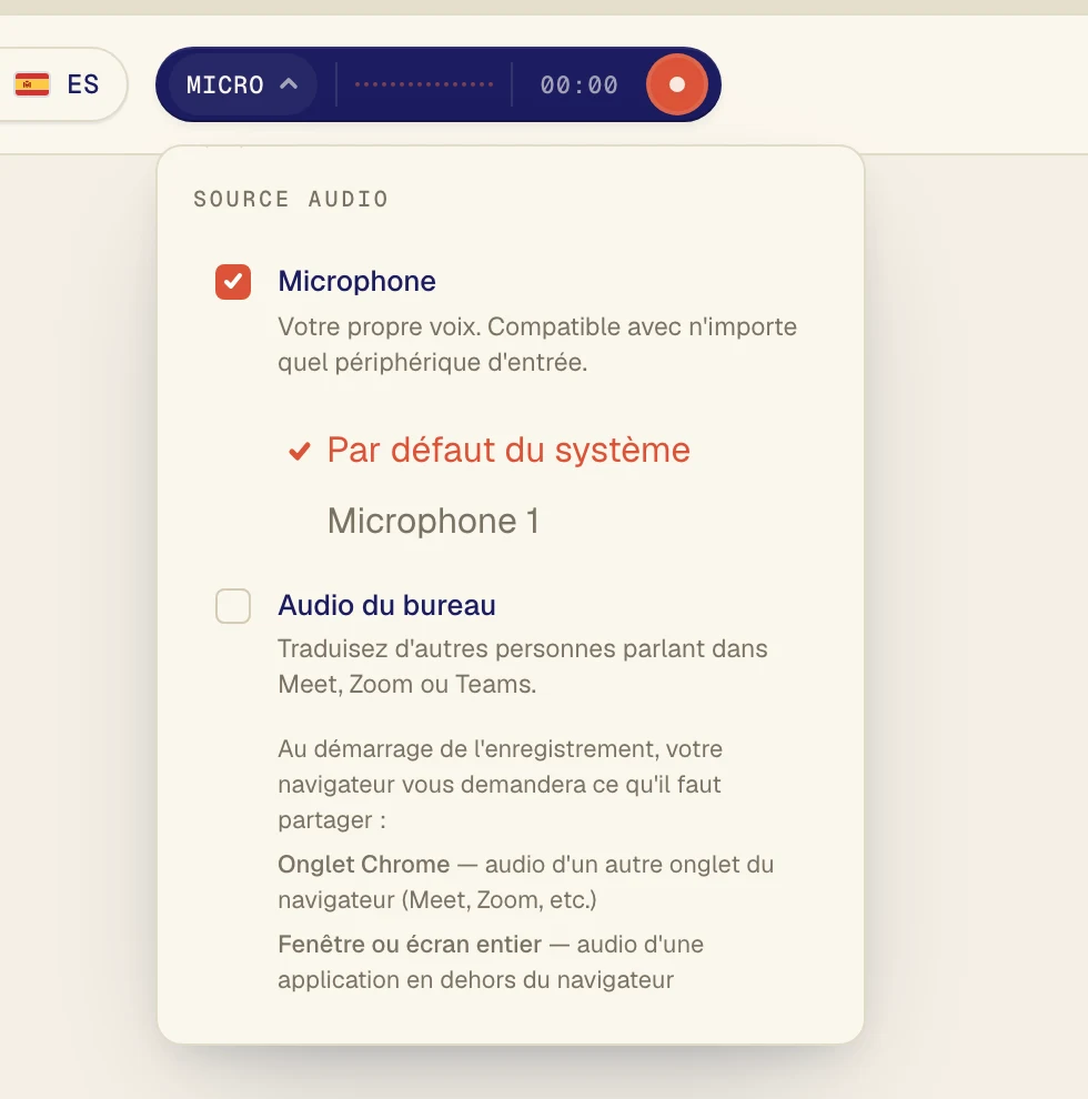 Vérifiez que Microphone est coché, puis choisissez votre micro dans la liste en dessous. Par défaut du système utilise celui réglé sur votre ordinateur. Si vous utilisez un casque, choisissez-le par son nom.