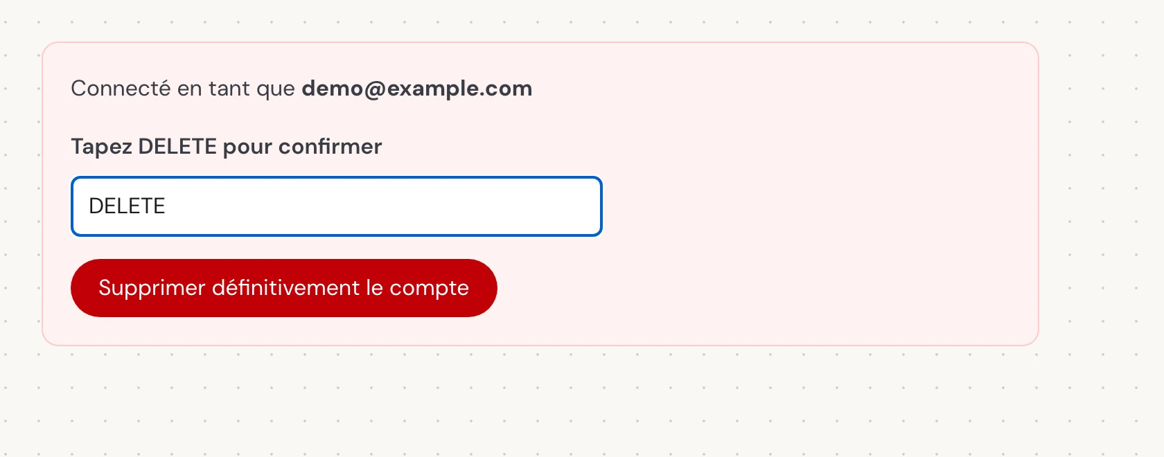 Dans Tapez DELETE pour confirmer, saisissez le mot exact en majuscules DELETE, même si vous utilisez Verli dans une autre langue. Sélectionnez ensuite Supprimer définitivement le compte. Cela ferme définitivement le compte et supprime son historique enregistré.