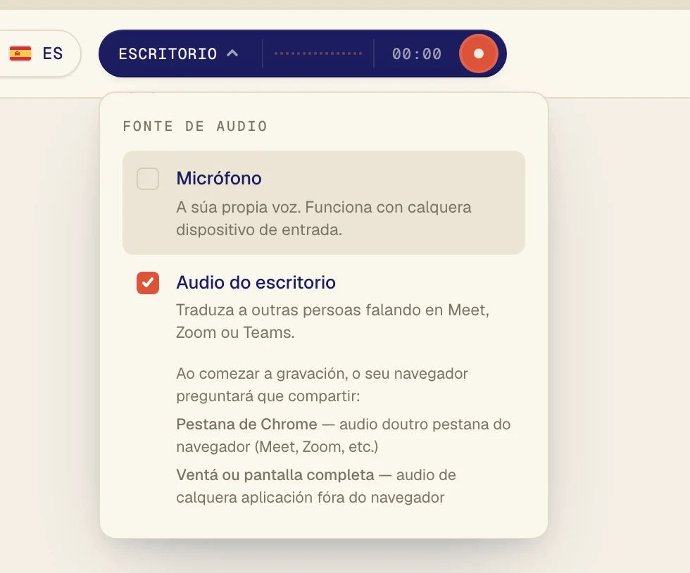 Faga clic en Audio do escritorio para que quede marcado. Deixe Micrófono activado só se tamén quere traducir a súa propia voz.