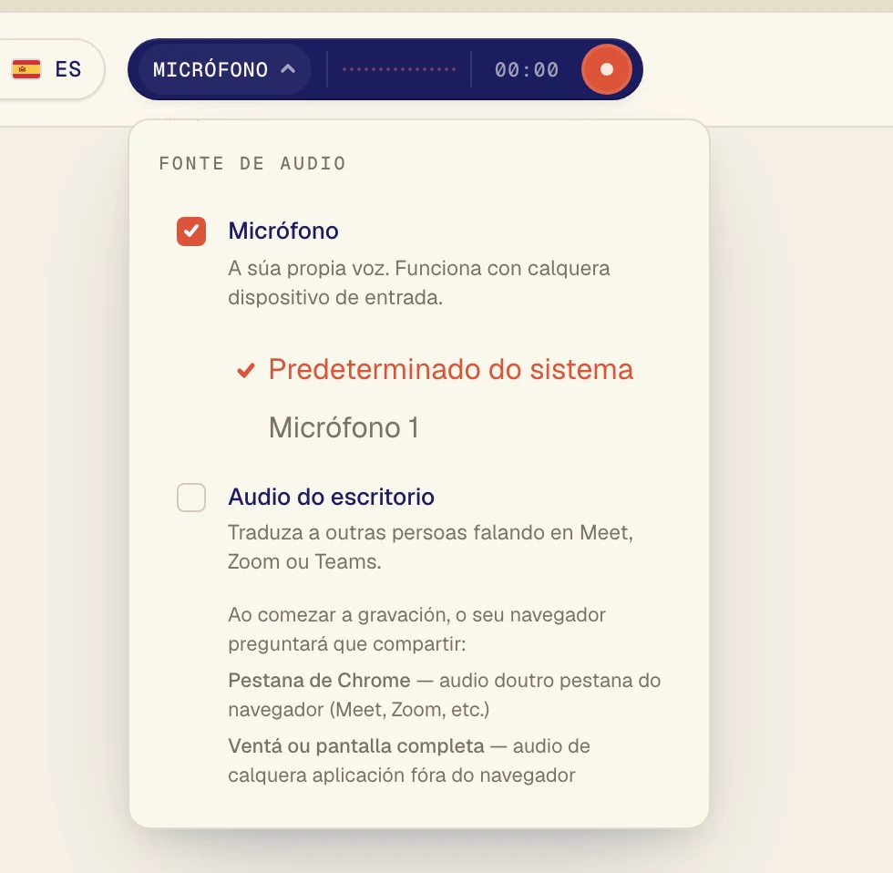 Asegúrese de que Micrófono está marcado e escolla o seu micrófono na lista de debaixo. Predeterminado do sistema usa o que ten configurado o ordenador. Se usa uns auriculares con micrófono, escóllaos polo nome.