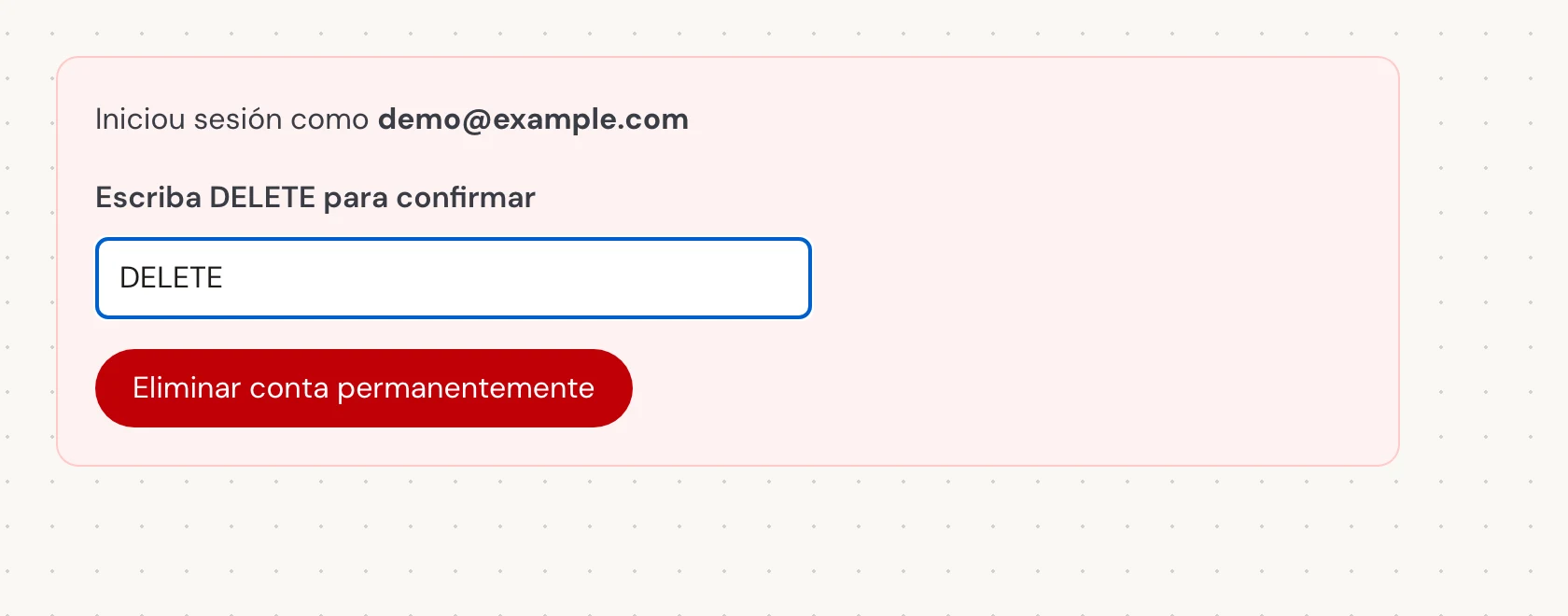 En Escriba DELETE para confirmar, introduza a palabra exacta en maiúsculas DELETE, aínda que use Verli noutro idioma. A continuación, seleccione Eliminar conta permanentemente. Isto pecha permanentemente a conta e elimina o seu historial gardado.