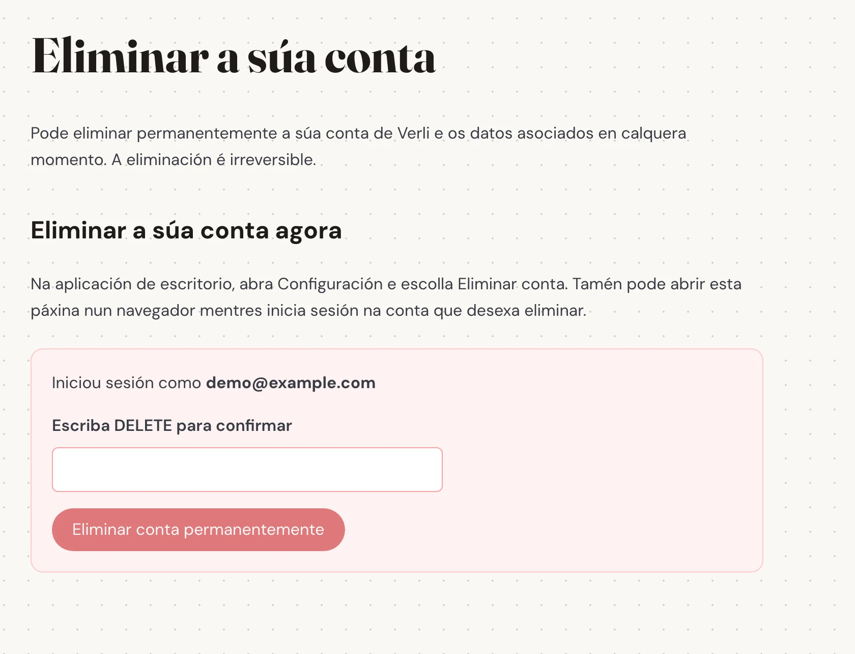 Comprobe o correo electrónico que aparece xunto a Iniciou sesión como. Asegúrese de que é a conta cuxo historial gardado desexa eliminar. Lea o que se eliminará antes de continuar.