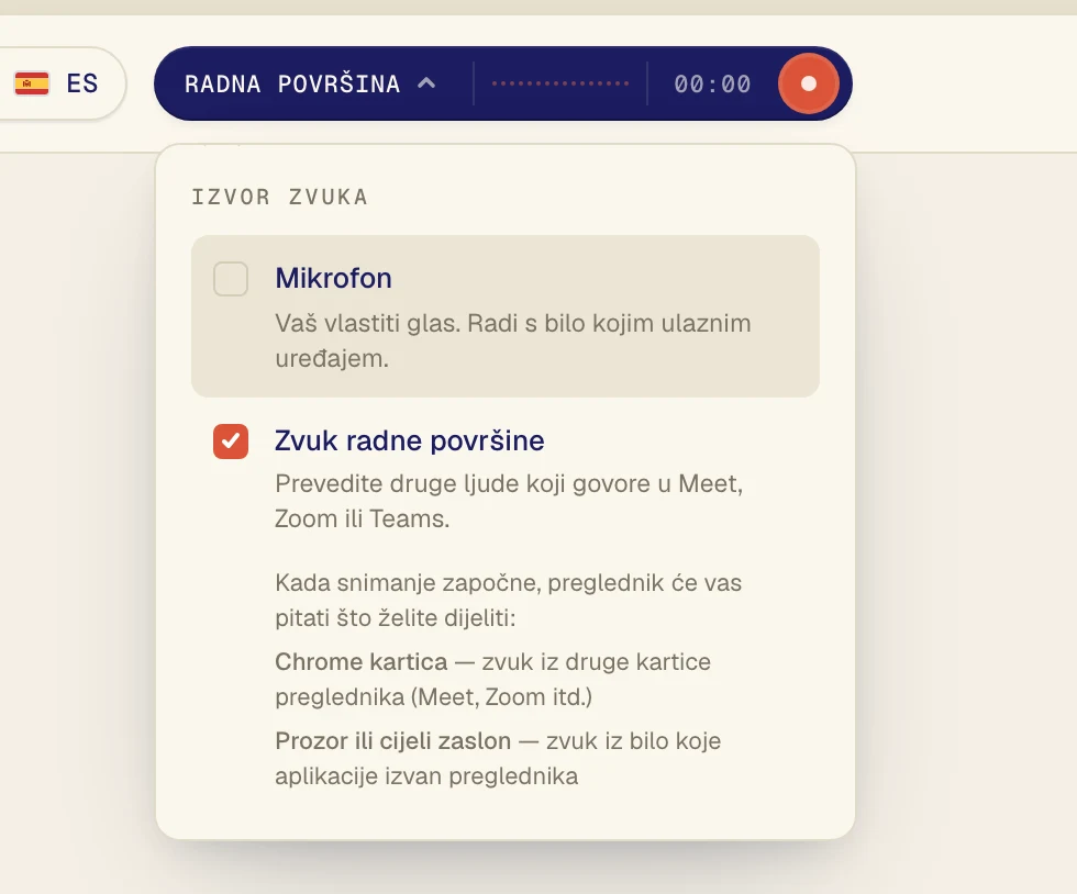 Kliknite Zvuk radne površine da bude označen kvačicom. Mikrofon ostavite uključen samo ako želite prevoditi i vlastiti glas.