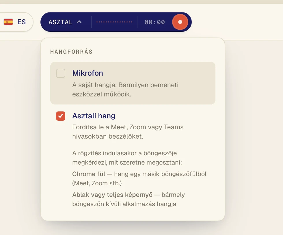 Kattintson az Asztali hang lehetőségre, hogy pipa legyen mellette. A Mikrofon lehetőséget csak akkor hagyja bekapcsolva, ha a saját hangját is fordítani szeretné.