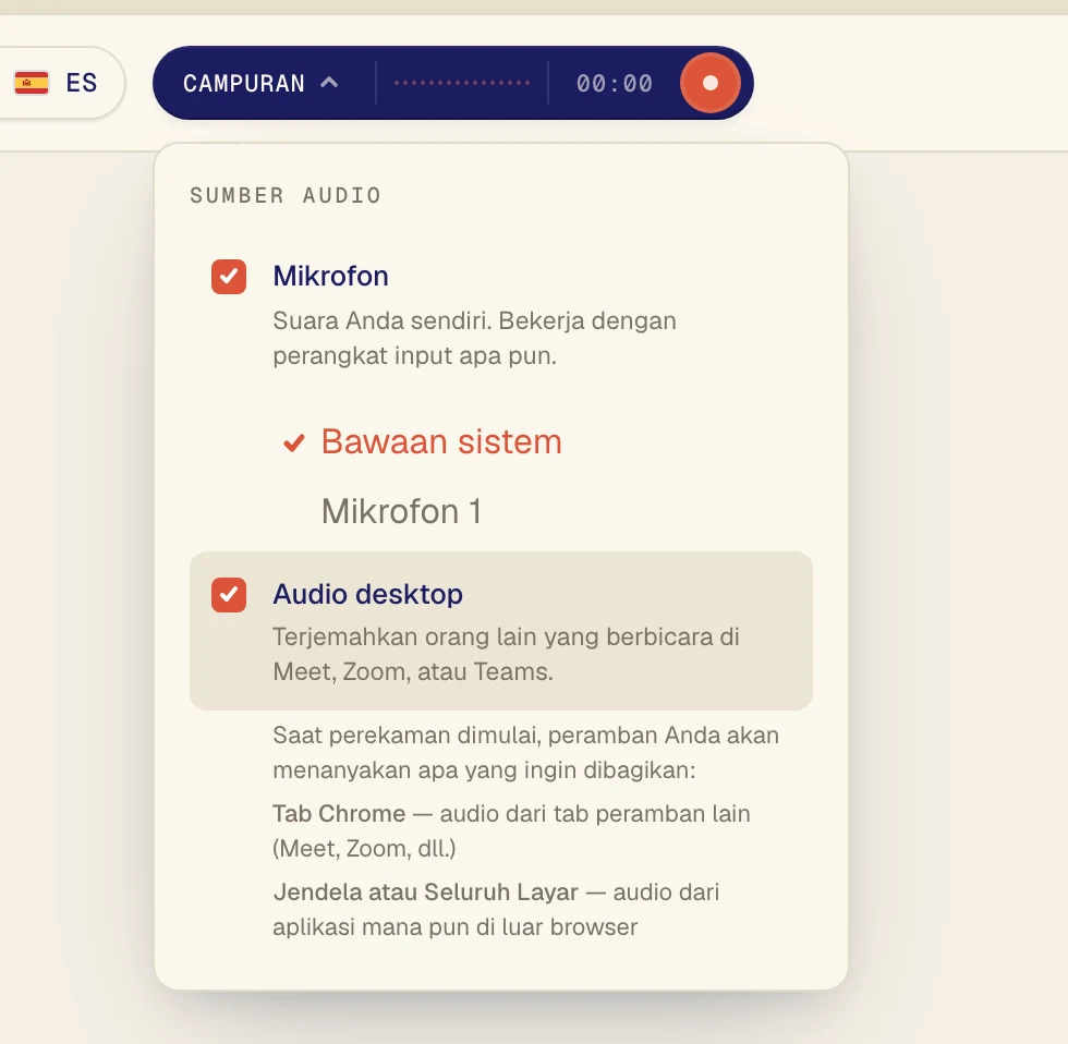 Aktifkan Audio desktop untuk mendengar orang lain dalam panggilan. Biarkan Mikrofon tetap aktif jika Anda juga ingin ucapan Anda diterjemahkan.