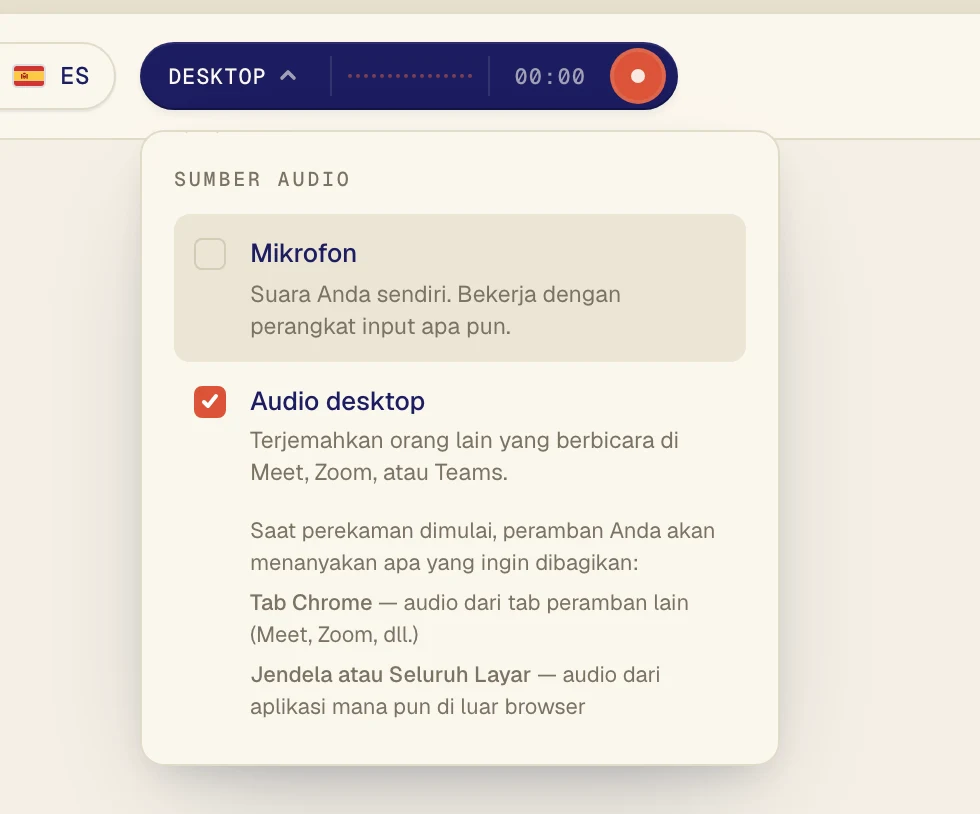Klik Audio desktop sampai ada tanda centang. Biarkan Mikrofon tetap aktif hanya jika Anda juga ingin suara Anda sendiri diterjemahkan.