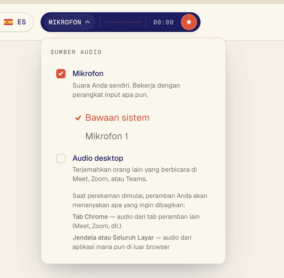 Pastikan Mikrofon dicentang, lalu pilih mikrofon Anda di daftar di bawahnya. Bawaan sistem memakai mikrofon yang diatur di komputer Anda. Jika Anda memakai headset, pilih berdasarkan namanya.